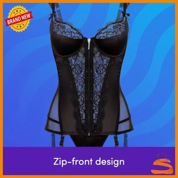 Satin Basque & G-String Set with Push Up Cups and Suspender Straps